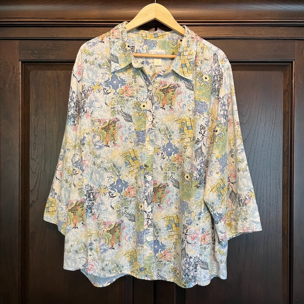 CJ Banks Lightweight Linen Blend Button Down Shirt Womens Plus Sz 3X **FLAW**